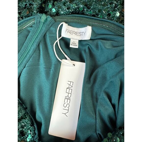NWT Faeriesty Formal Dress Gown Sz Large Dark Green Sequin One Shoulder Mermaid - Picture 9 of 16